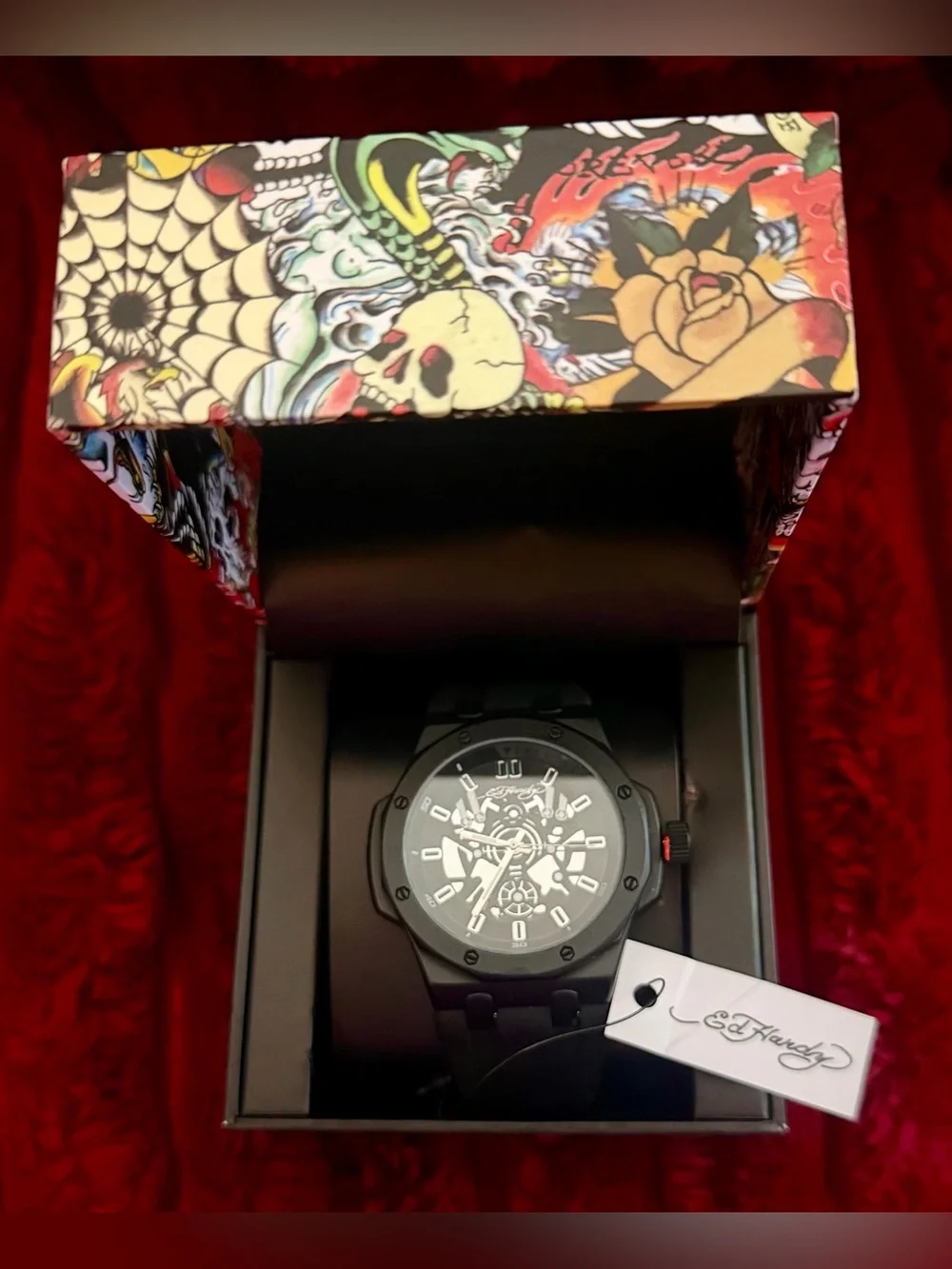 Ed Hardy Black and White Men’s Skeleton Accent Sport Watch